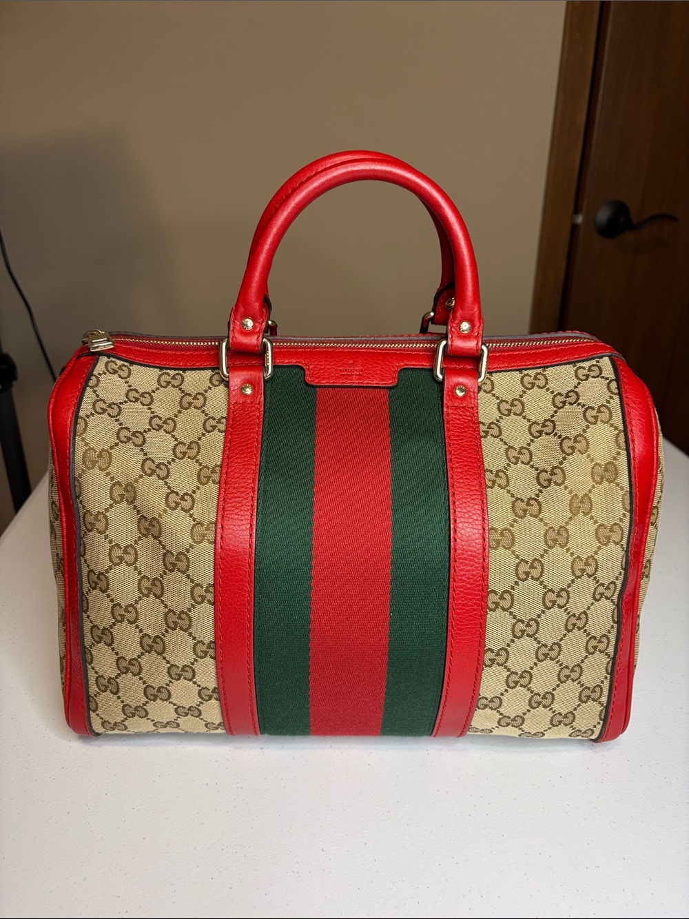 Gucci GG Supreme  Web Boston Bag Leather Trim | No Strap